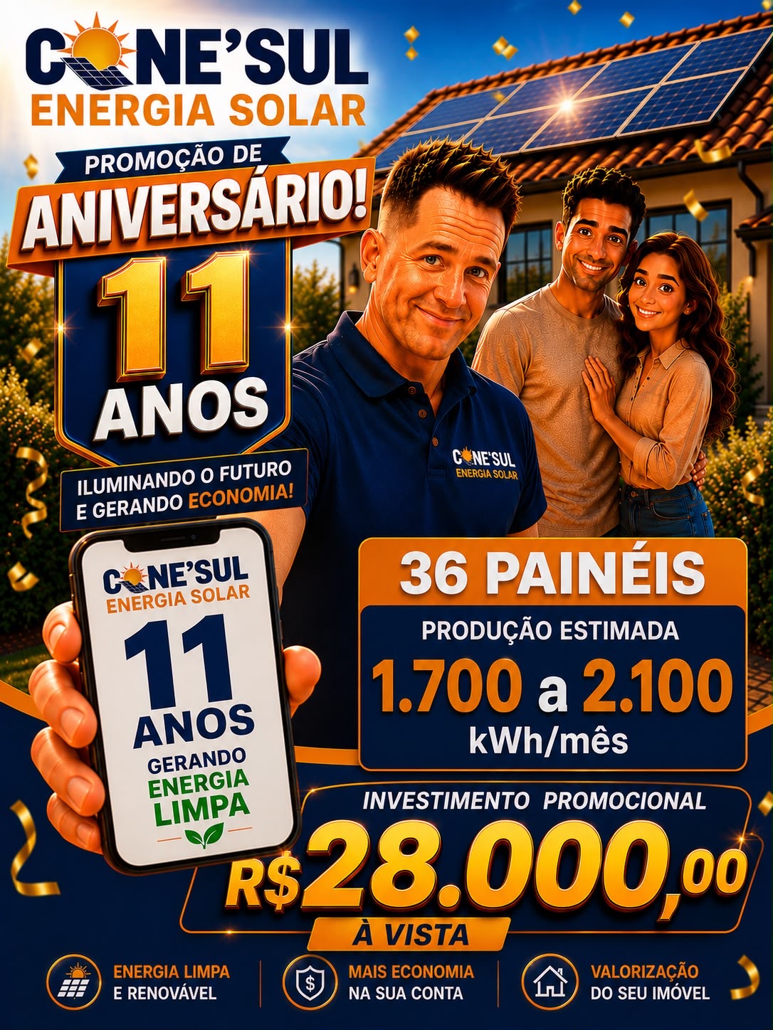 Promoção de aniversário de 11 anos da Cone'Sul Energia Solar com 36 painéis