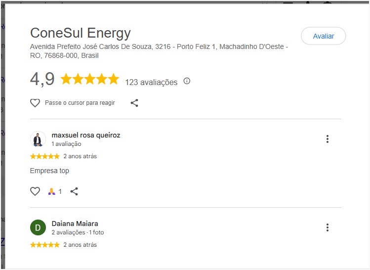 Avaliação de cliente da ConeSul Energy no Google, imagem 1